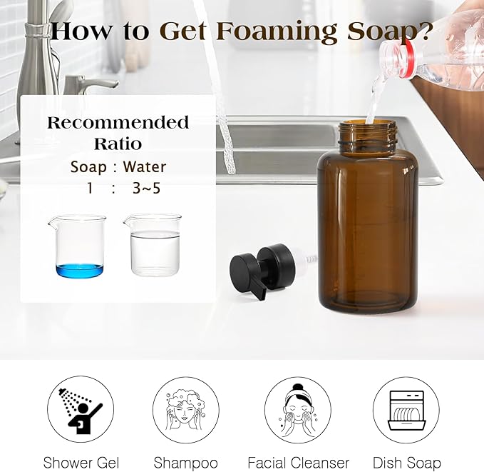 Luxspire Foaming Soap Dispenser, Glass Foam Pump Soap Dispenser, Non-Slip Hand Soap Bottle with 5 Waterproof Labels, 15 Oz Refillable Liquid Soap Bottle for Bathroom & Kitchen, Amber, 1 Pack