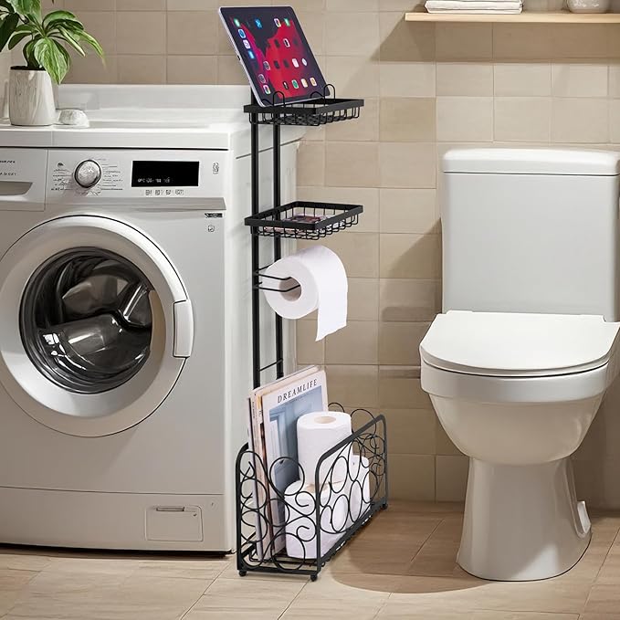 Oasis Creations Toilet Paper Holder Tissue Rack Stand with Magazine Toilet Roll Storage Basket- Freestanding, Black Metal