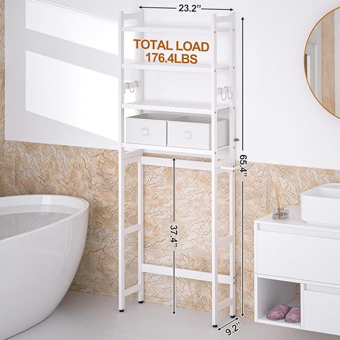 Cozivolife Over The Toilet Storage: 4-Tier Bamboo Organizer Rack with 2 Baskets & Paper Holder & 4 Hooks & Waterproof Feet Pad, Adjustable Freestanding Shelf for Bathroom (White)