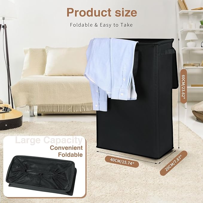 GOMAJI Slim Laundry Basket with Lid and Handles, Foldable Laundry Basket for Clothes, Clothes Hamper Easy to Carry, Dirty Hampers for Bedroom, Bathroom, Dorm, College, 12.7 Gallons(48L)