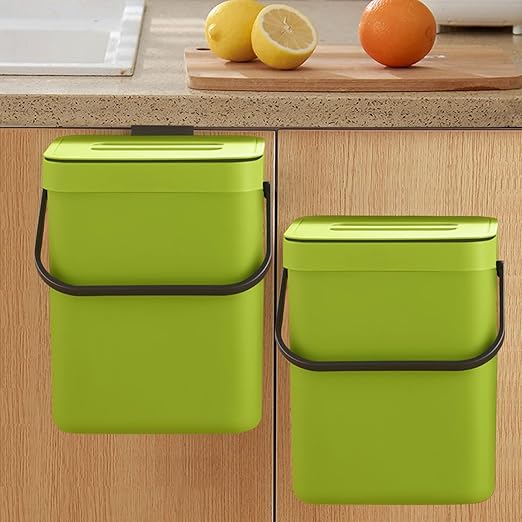 LALASTAR Small Plastic Trash Can, Hanging Small Trash Can with Lid Under Sink for Kitchen, Food Waste Bin for Countertop, Mountable Garbage Can for Bathroom, RV, 5L/1.3 Gal, Green