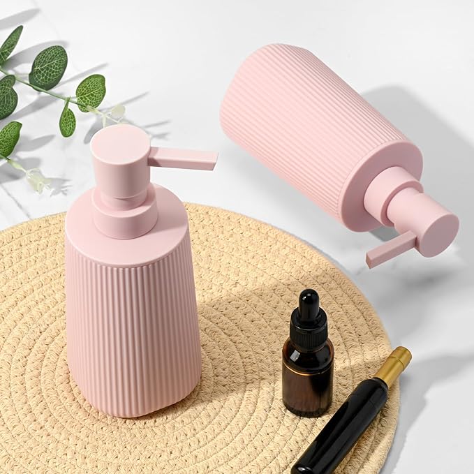Pink 2 Pack Hand Soap Dispensers Set with No Rust Pump for Bathroom Kitchen or Vanity Countertops Refillable Striped Matte Plastic 8.5 oz Cute Design for Girls Room Decor