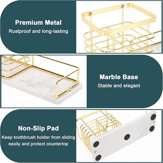 Toothbrush Holder, Luxurious Metal Toothbrush Toothpaste Holder with Marble Base for Bathroom, Multi-Slots Openwork Design, Bathroom Accessory for Storage and Organizer (Large, Gold)