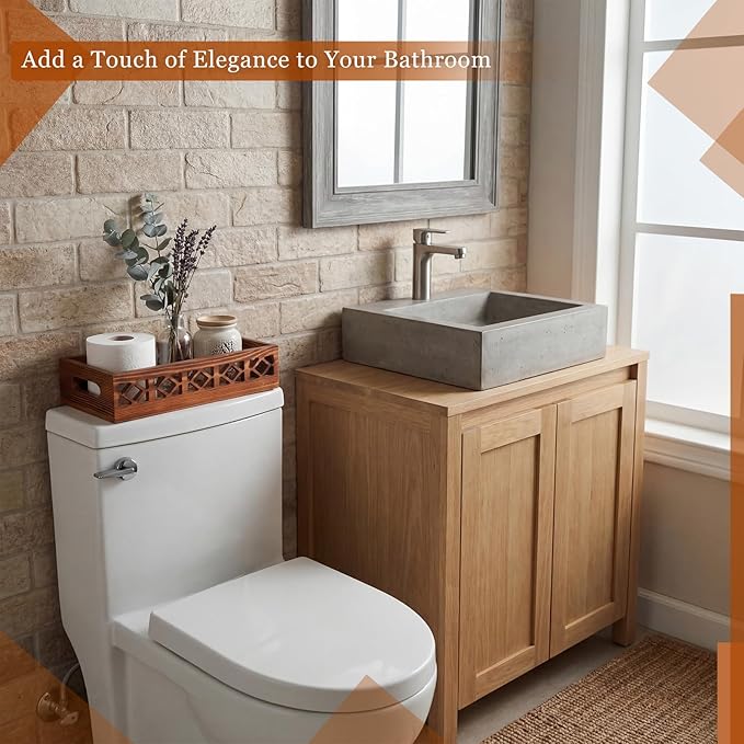 Qunclay 2 Pack Brown Toilet Tank Baskets Wooden Toilet Tank Top Paper Baskets with Handle Rustic Hollow Bathroom Paper Organizer Holders Farmhouse Decorative Bathroom Storage Box