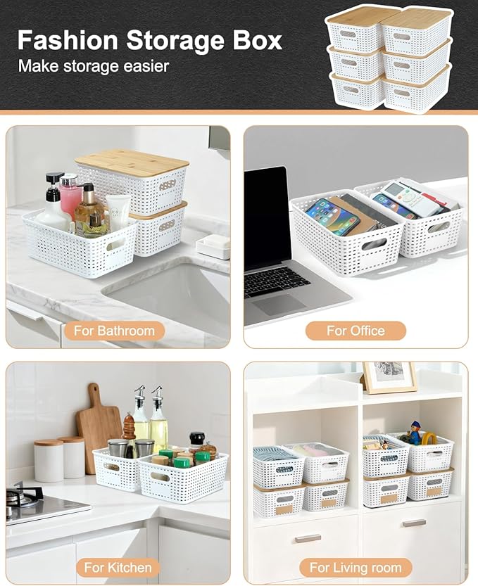 EOENVIVS Plastic Storage Baskets with Bamboo Lids for Pantry Organization and Storage Containers Bins for Shelves Drawers Desktop Closet Playroom Classroom Office Home, 6 Pack,White