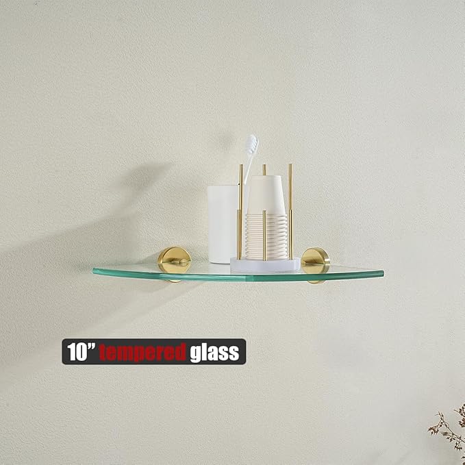 JQK Corner Glass Shelf 10.67 Inch, Brushed Gold Bathroom 304 Stainless Steel Shower Triangle Floating Wall Shelf Tempered Glass, 3 Pack TGS190L10-BG-P3
