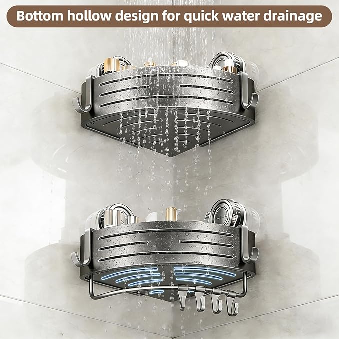 Corner Shower Caddy,Suction Cup Shower Bathroom Wall Shelf,No Drill Rust Proof Aluminum Organizer with Hooks,Floating Rack for Inside (Suction Cup Corner Shower Caddy,2 Tier,Gray)