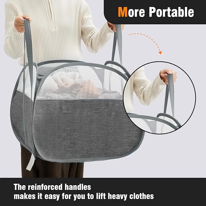 TECHMILLY Pop Up Foldable Laundry Basket, 90L Large Capacity Square & Tear Proof Laundry Hamper with Reinforced Handles for Dirty Clothes Storage in Dorm, Laundry Room, Bathroom, Grey(Fabric)