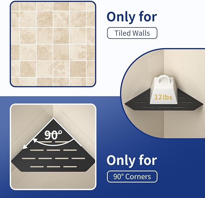 Corner Shower Shelf, 304 Stainless Steel Pentagonal Heavy Duty Floating Corner Sheves, Slot Design Grout in Bathroom Shelf for Tiled Wall 2 Pack(Matte Black, 8"-2 Pack)