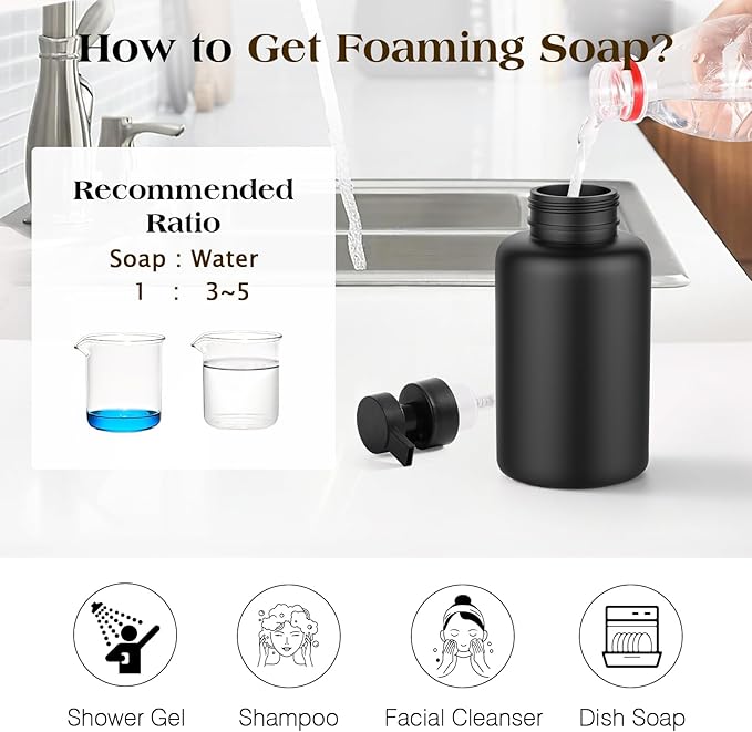 Luxspire Foaming Soap Dispenser, Glass Foam Pump Soap Dispenser, Non-Slip Hand Soap Bottle with 5 Waterproof Labels, 15 Oz Refillable Liquid Soap Bottle for Bathroom & Kitchen, Black+White, 2 Pack
