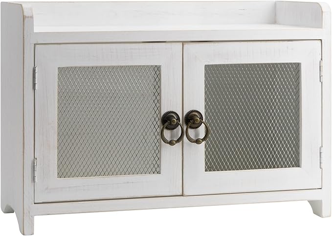 COLLECTIVE HOME - Storage Cabinet, Mini Countertop Cabinet, Wood Organizer for Kitchen Living Room Bedroom Bathroom Office with Magnetic Door, 14.5 x 6.5 x 10 (White, Wire Netting)