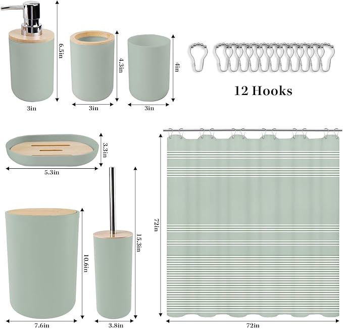 Britimes Bathroom Accessories Sets, Sage Green Shower Curtain Set with Trash Can, Soap Dispenser, Toilet Brush Holder, Toothbrush Holder and Toothbrush Cup for Bathroom Decor (Green)