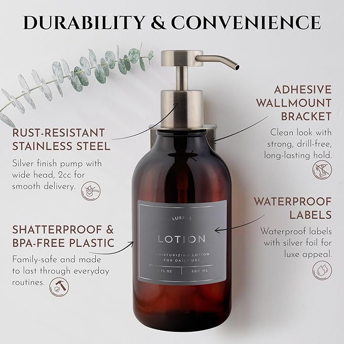 Shower Shampoo Dispenser Wall Mounted – 3 Refillable 16.9 oz Amber Bottles with Stainless Steel Pumps & No-Drill Adhesive Holders – Soap Dispenser Set for Bathroom (3 X Amber/Silver)