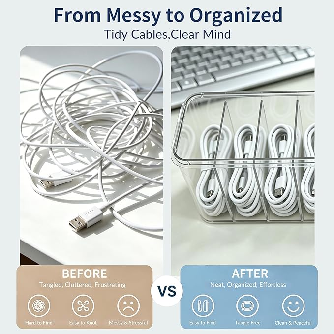 TexHome Cable Organizer Boxes Clear Charger Cable Storage Boxes with Lid and Cable Straps, Plastic Electronics Cord Organizer for Office Desk Home Drawer Accessories Storage, Clear