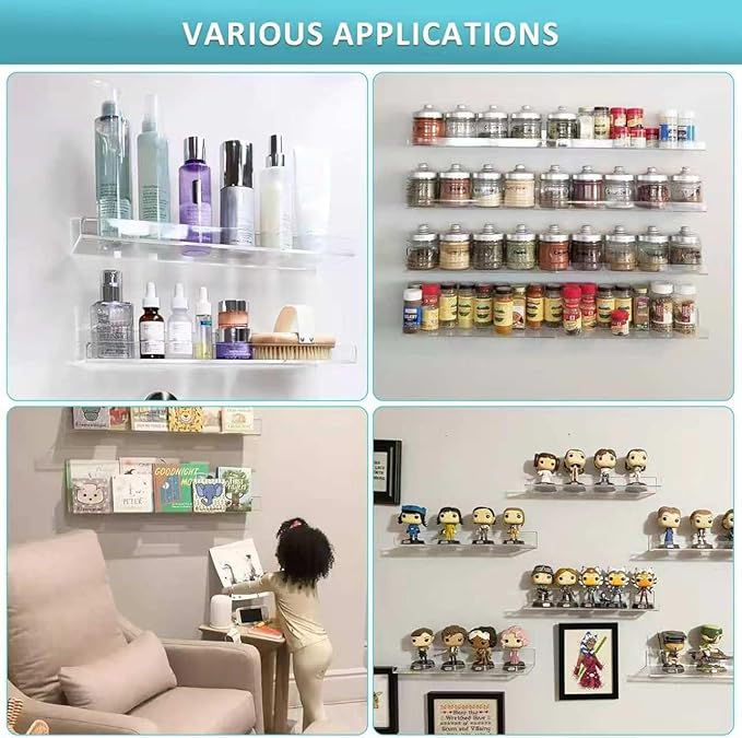 Albumgit 4 Pack Acrylic Shelves for Wall Storage, Self-Adhesive 15" Clear Floating Shelf for Pop Figures, Picture, Perfume, Books, Wall Shelf Organizer for Bathroom, Living Room, Bedroom, Kitchen