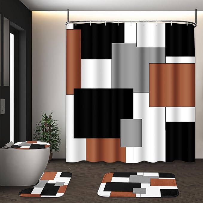 Brown Geometric Shower Curtain Set with Toilet Lid Cover and Non-Slip Rugs for Bathroom, Black Grey White Checkered 4 Pcs Shower Curtain, Modern Abstract Bathroom Set with 12 Hooks
