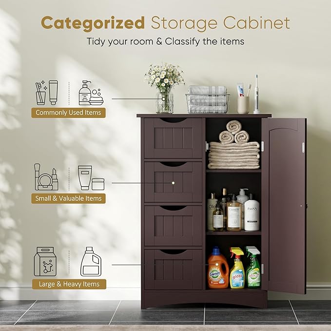 SUPER DEAL Bathroom Storage Cabinet with 4 Drawers and 1 Cupboard, Entryway Home Decor Furniture Towels Storage Organizer Unit, Brown