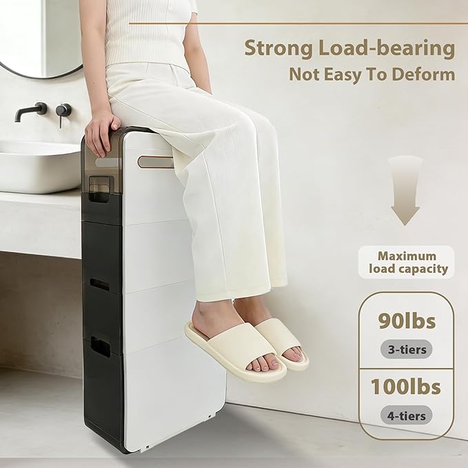 BGYMF Ultra Thin 4-Tier Slim Bathroom Cabinet, Slim Cabinet for Bathroom, Narrow Rolling Cart with Wheels, White Plastic for Small Space, Kitchen, Laundry, Living Room, Corner