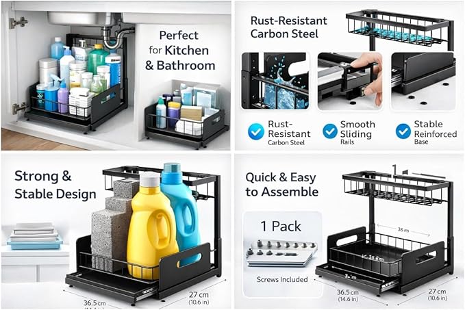 Under Sink Organizer 2 Tier Sliding Storage Rack – Carbon Steel Pull Out Cabinet Shelf for Kitchen & Bathroom, Heavy Duty Metal Under Cabinet Organizer.
