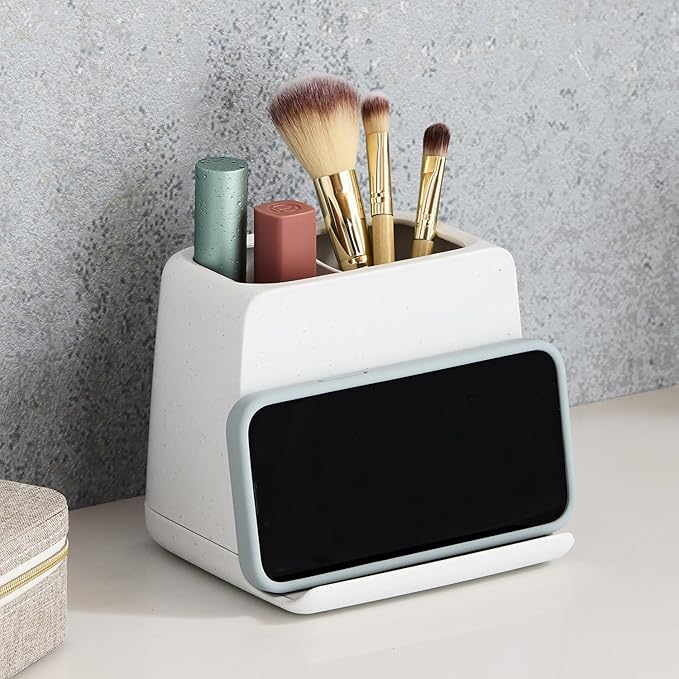 YouCopia The Ledge Toothbrush Holder, 2-Slot, Bathroom Vanity Counter Organizer with Cord Slots, Removable Base and Storage for Phones, Toothpaste and Accessories