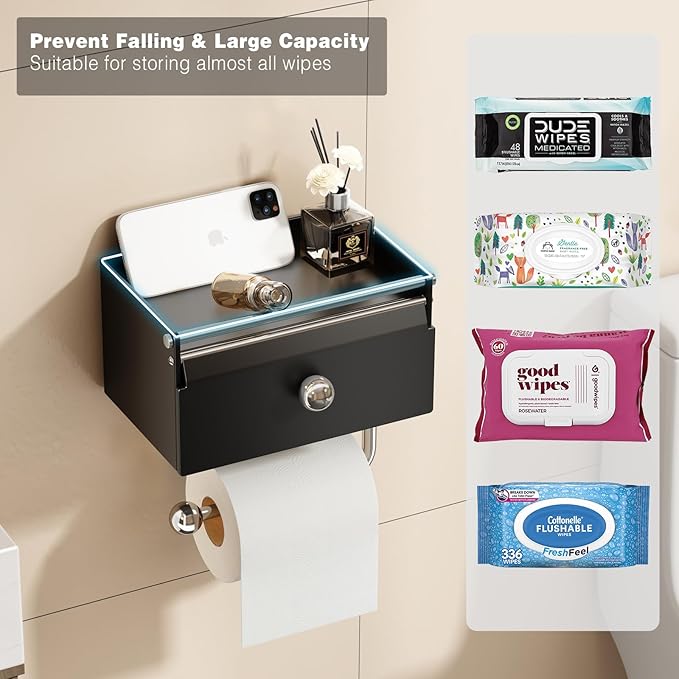 Voldra Toilet Paper Holder with Shelf, Flushable Wipes Dispenser for Bathroom, Adhesive Toilet Paper Roll Holder with Storage Wall Mount Stick On Bathroom Tissue Holder Front Flip Design (Matte Black)