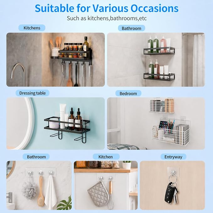 16 Pack Shower Caddy Adhesive Replacement Hooks, Waterproof No Drill Sticky Strips, Clear Transparent 3 Sizes for Shower Shelf, Soap Holder, Bathroom Organizer Basket and Kitchen Rack