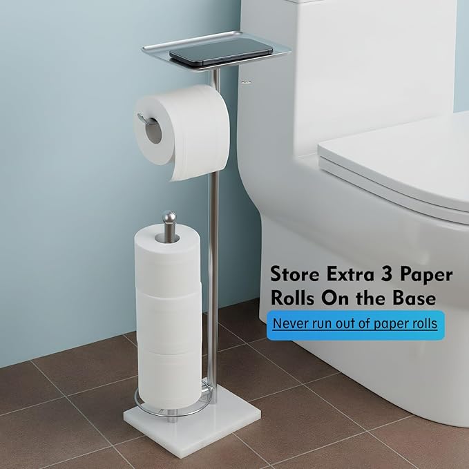 Toilet Paper Holder with Shelf, Free Standing Toilet Paper Holder with Storage - Toilet Paper Stand for Holding Extra 3 Rolls, Tissue Holder for Bathroom (Brushed Nickel with Marble Base)