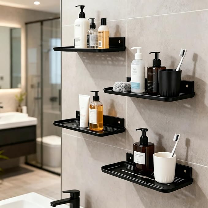 ACEXINYAN Wall Mounted Floating Shelf, Self Adhesive Shelf, No Drill Adhesive Wall Shelf, Floating Shelves Damage-Free Expand Walls Space for Living Room Kitchen Bathroom (4, Black)