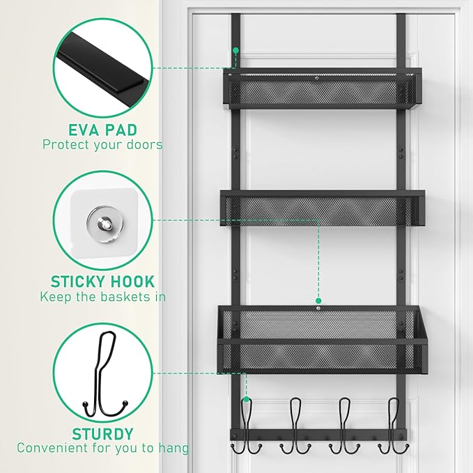 Over The Door Shower Caddy, Over The Door Hook Organizer with 12 Hooks & 3 Mesh Baskets – Space-Saving Towel Rack & Storage Hanger for Bathroom, Kitchen, Bedroom, No Drill Door Hooks, Black