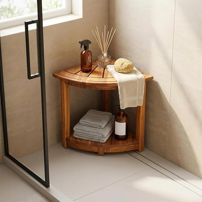 VICTORY RELAX Acacia Wood Corner Shower Shelf for Inside Shower – Waterproof Shower Bench & Foot Rest for Shaving Legs, Small Bathroom Spa Seat, Natural Color (17.9")