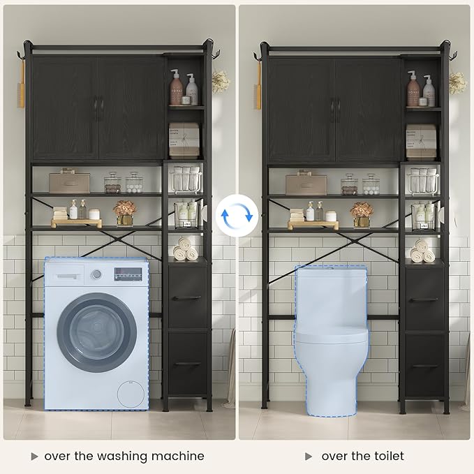 8-Tier Over the Toilet Storage Cabinet with Doors & 2 Large Drawers, Bathroom Storage Cabinet with Toilet Paper Holder, 6 Side Hooks, Over the Toilet Storage for Bathroom, Laundry Room, Black