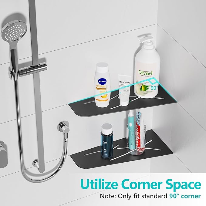 Qeke Shower Corner Shelf 304 Stainless Steel 12" Corner Shelf Bathroom Shampoo Holder for Shower Floating Corner Shelf for Wall, No Drilling, Matte Black, 2 Pack
