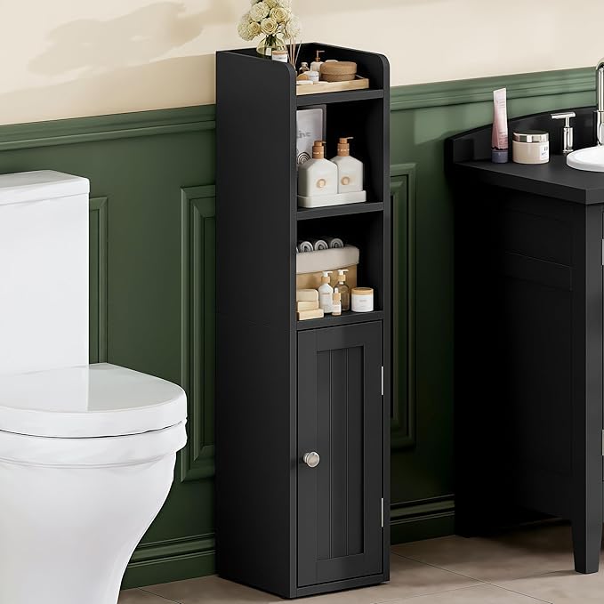 ChooChoo Small Bathroom Storage Cabinet, 7.1“W * 7.9”D Corner Floor Cabinet with Door and Adjustable Shelf, Narrow Toilet Paper Cabinets, Slim Bathroom Organizers for Small Spaces and Bathroom, Black