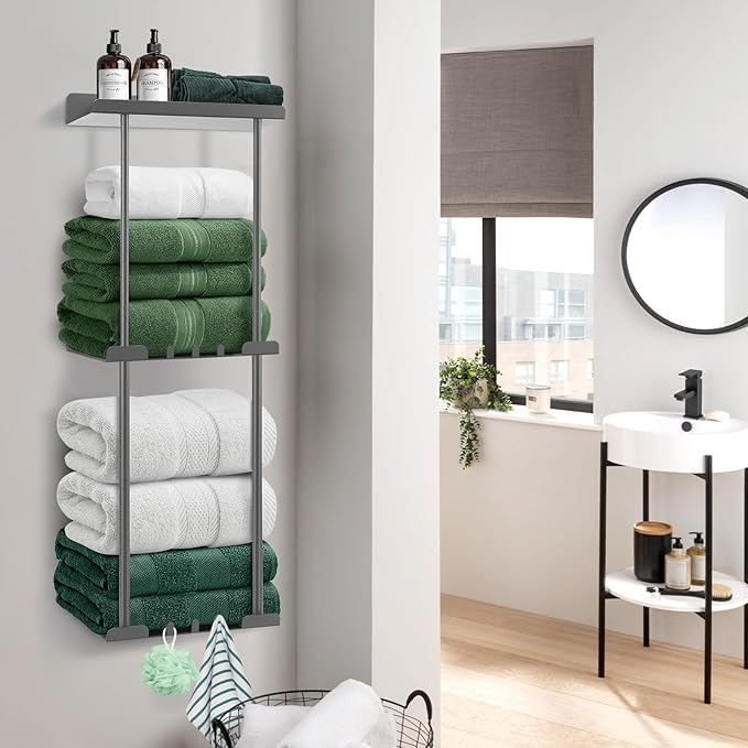 Hommtina Wall-Mounted Towel Rack & Holder - Rust-Resistant Bathroom Organizer with No Drill Installation, Space-Saving Design for Kitchen, Laundry Room (Grey)