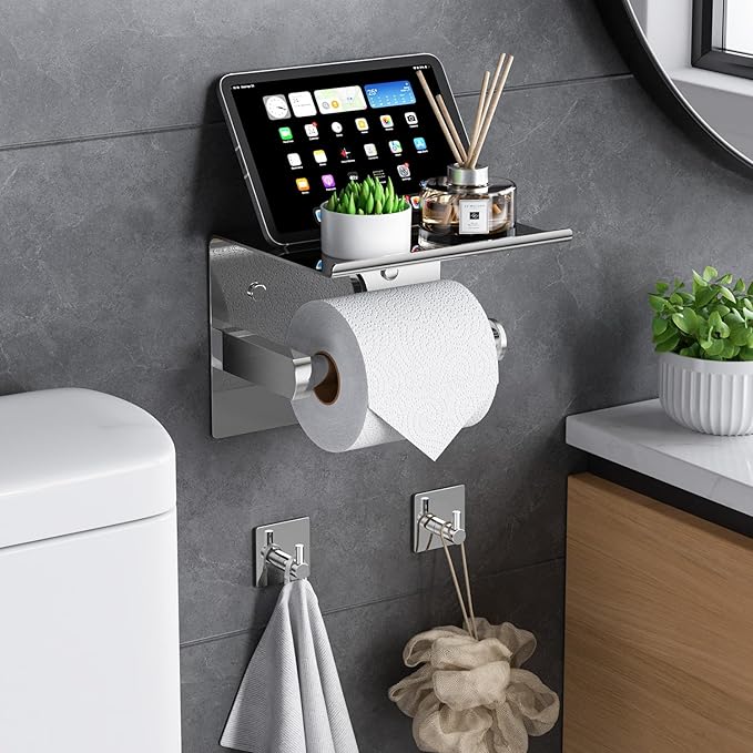Tindbea Mega Size Toilet Paper Holder with Shelf + Towel Robe Hooks, Adhesive or Screw Wall Mounted Toilet Paper Roll Holder, Stainless Steel Bathroom Hardware Set (Polished Chrome)