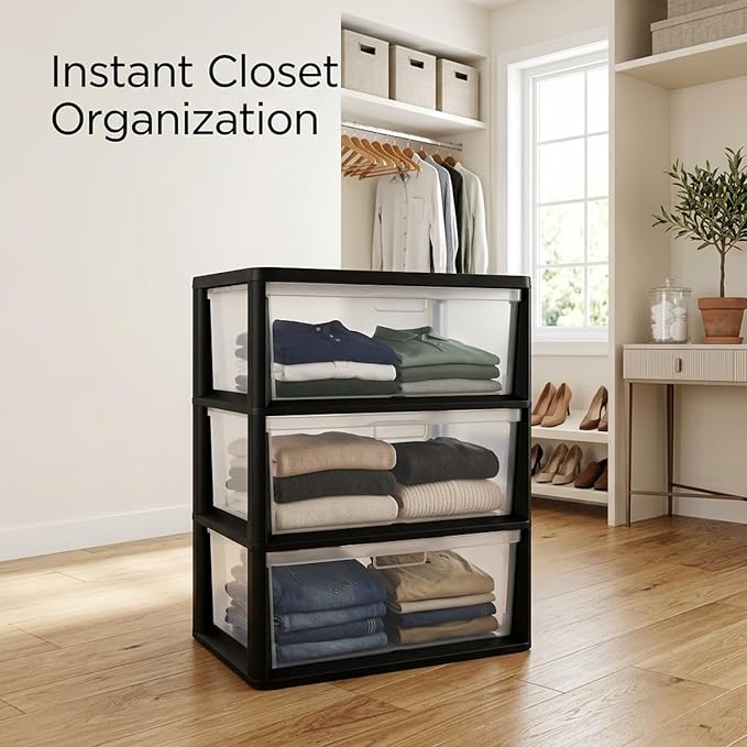 Wide 3 Drawer Plastic Storage Tower with Clear Removable Bins, 15.6" x 21" x 25.2" Organizer Unit with Drawer Stops and Easy-Pull Handles for Closet, Dorm, and Office Organization, Black
