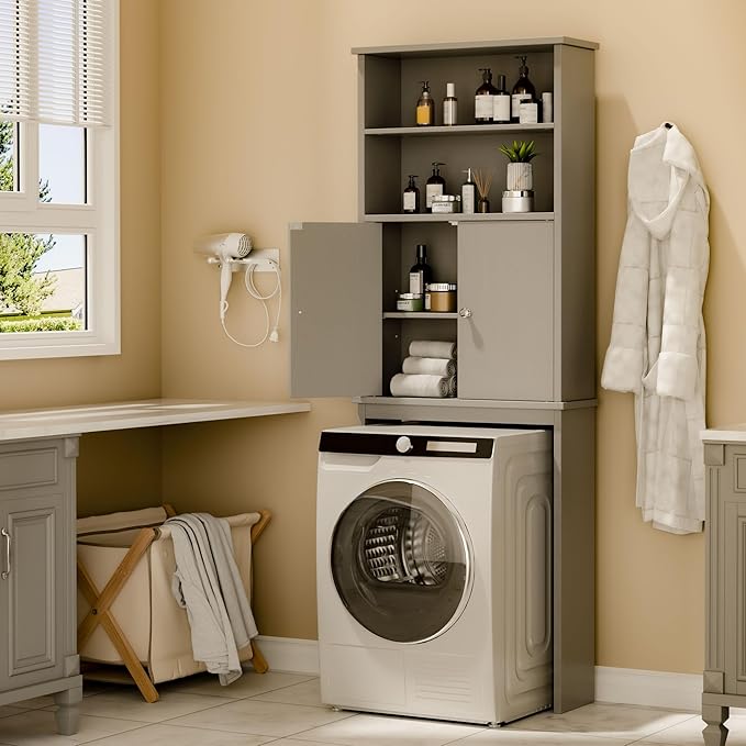 Nuturelly Over The Toilet Storage Cabinet, Bathroom Storage Organizer with Adjustable Shelves and Double Wooden Doors, Freestanding Above Toilet Storage with Open Shelf, Wooden Toilet Rack, Gray