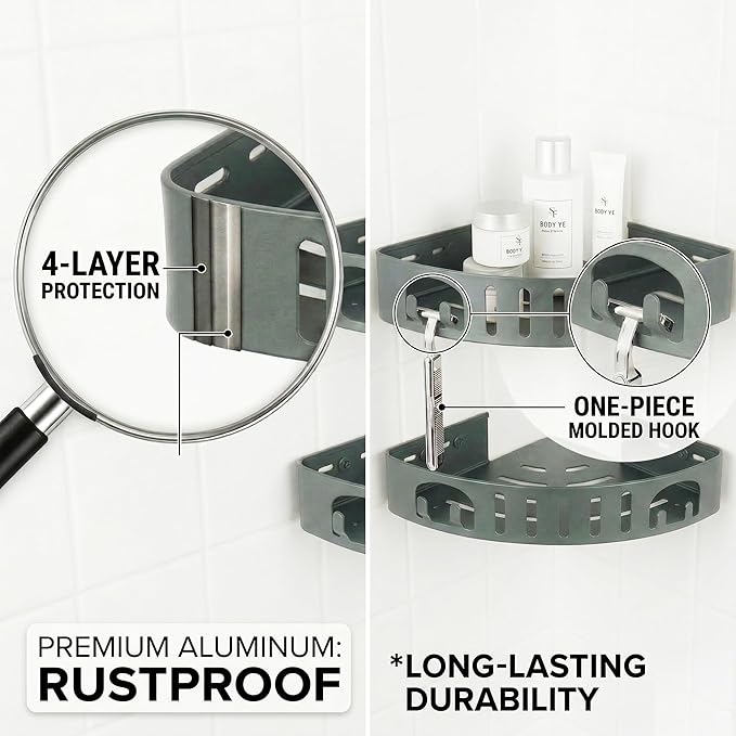 Adhesive Corner Shower Shelf No Drill | Rust-Proof Aluminum Alloy Stick On Bathroom Organizer with Shaving Holder for Shampoo, Conditioner, Soap, Razors Grey 3 Pack