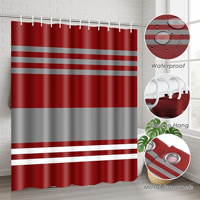 Red Burgundy Stripes Shower Curtain Set with Toilet Lid Cover and Non-Slip Rugs for Bathroom, Modern Grey Lines 4 Pcs Shower Curtain, Vintage Abstract Beautiful Bathroom Set with 12 Hooks