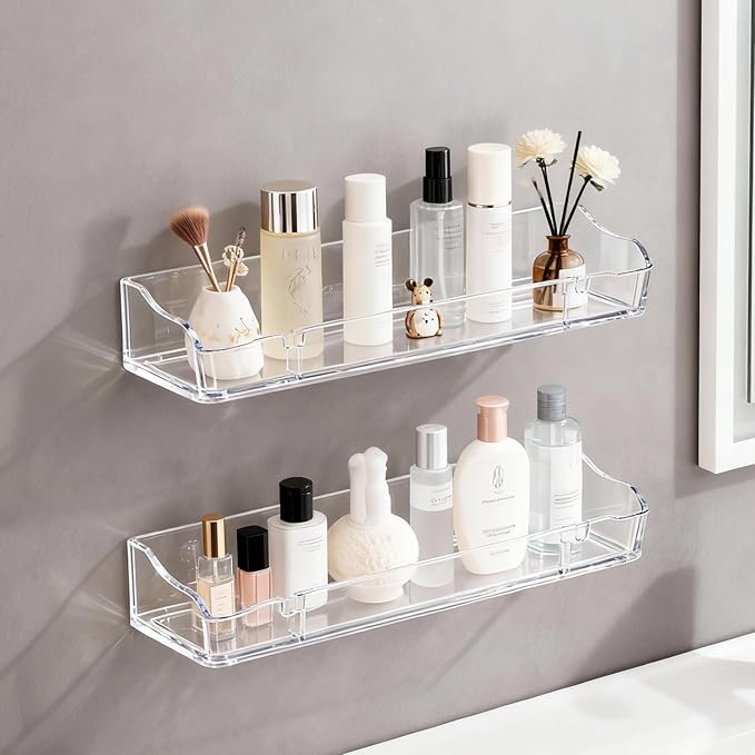 Acrylic Floating Shelves, Clear Bathroom Shelves Wall Mounted, Multi-Use Wall Storage Organizer for Bathroom, Kitchen, Bedroom, Living Room，Study Room (2pcs)