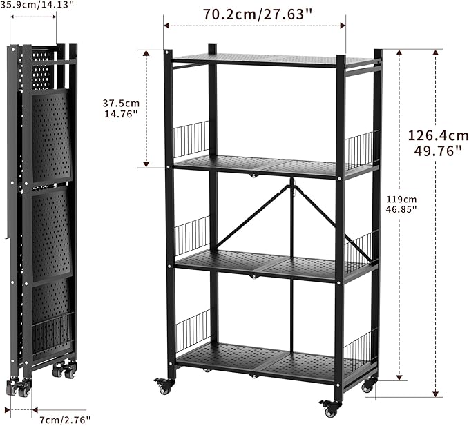 Folding Storage Shelves, 4-Tier Metal Foldable Shelf Shelving Rack Organizer On Rolling Wheels in Kitchen Warehouse Patio Pantry Garage Collapsible Shelves No Assembly (Black, 4-Layer)