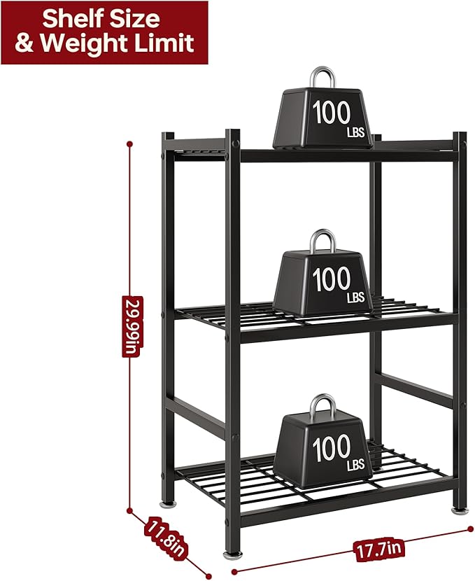Small Storage Shelves, 3-Tier Metal Shelving Unit with Adjustable Feet, Compact Shelf Organizer for Garage, Kitchen, Pantry and Closet Organization, 11.8" x 17.7" x 29.9",Black
