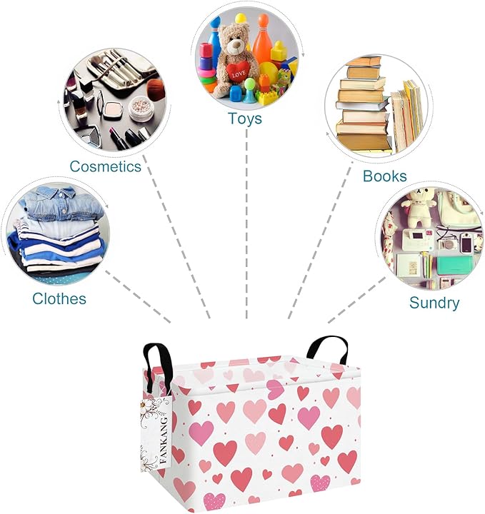 Storage Bins,Nursery Hamper Canvas Laundry Basket Foldable with Waterproof PE Coating Storage Baskets for Boys and Girls, Office, Bedroom, Clothes,Toys(Rec-Colorful hearts ）
