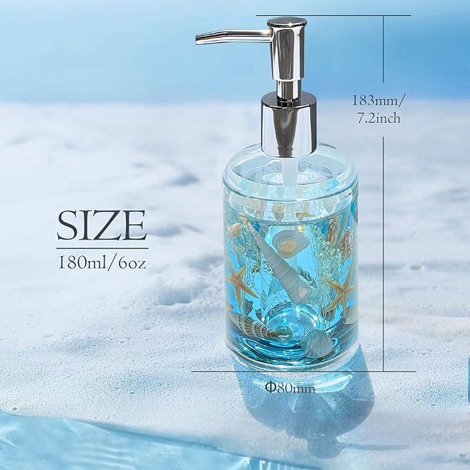 FONMY Soap Dispenser with Pump Acrylic w/Nature Seashell Handmade Bathroom Hand Soap Dispenser, Kitchen Refillable Liquid Dispenser for Soap,Dish Soap, Lotion (Blue)