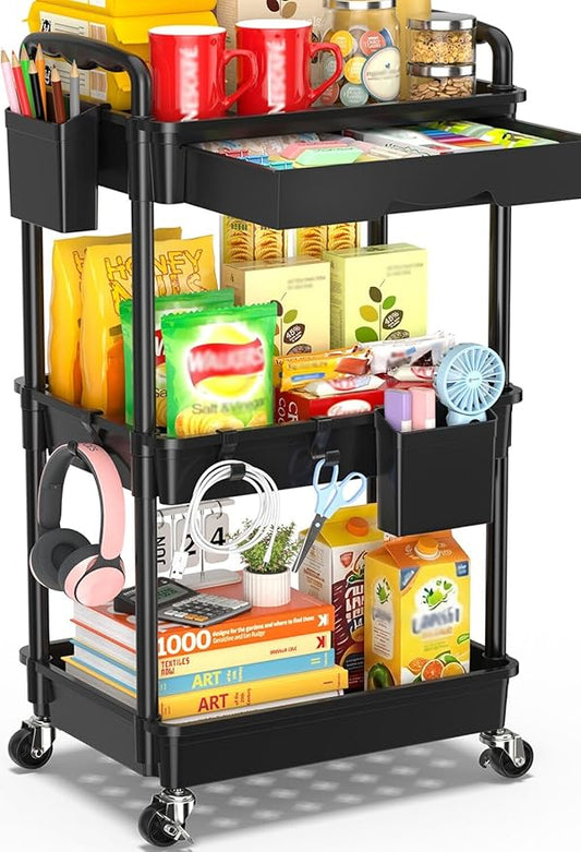SUNALLY 3 Tier Rolling Cart with Drawer, Bathroom Storage Organizer with 2 Lockable Wheels, Multifunctional Rolling Storage Cart for Bathroom, Kitchen, Office, Craft, Makeup, Baby Essentials, Black