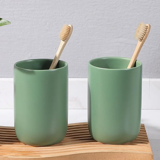 Toothbrush Holders for Bathrooms - 2 Cups Ceramic Toothbrush Toothpaste Holders Set, Green Bathroom Tumbler Cups Reusable Toothbrush Mouthwash Cup, Bathroom Counter Organizer.