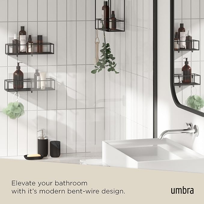 Umbra Cubiko Shower Shelf, Metal Floating Shelves with Adhesive Mounting Strips, 2-Pack, Black