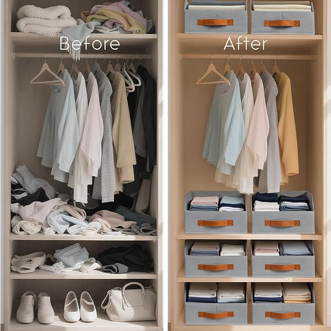 Homsorout Fabric Storage Bins for Organizing - 8 Pack Large Trapezoid Collapsible Storage Bins with Front Handle, Closet Organizers and Storage for Bedroom, Home Shelves, Small Spaces, Grey
