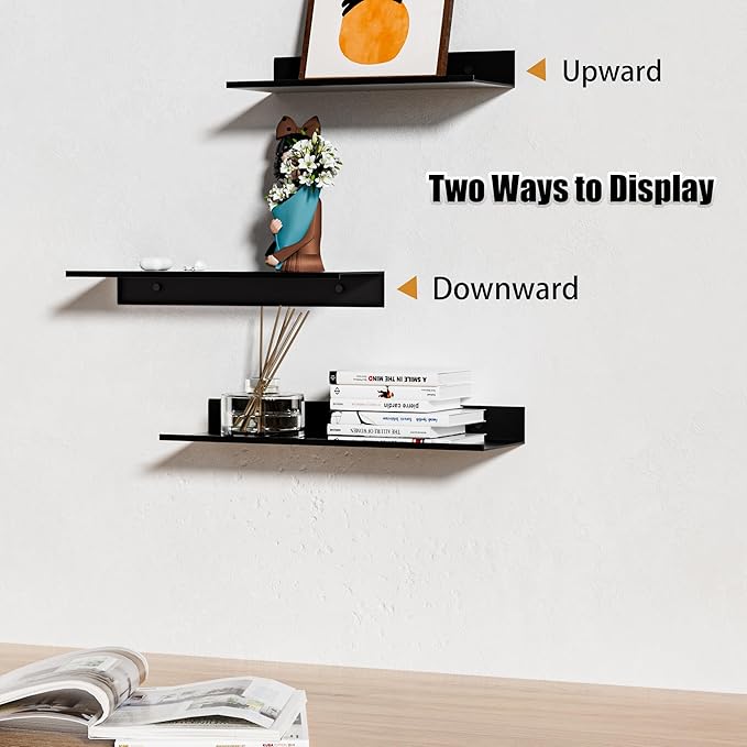 Wisfame Floating Shelves for Wall Set of 3, Black Metal Wall Shelves for Bathroom 11.8/13.8/15.7 in, Modern Small Adhesive Shelf for Living Room, Bedroom, Office, Kitchen