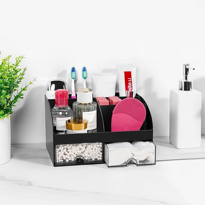 VITVITI Toothbrush Holders for Bathrooms Countertop, 5 Slots Toothpaste Bathroom Counter Sink Organizer with Drawers, Plastic Bathroom Organizer for Vanity/Makeup/Office Black